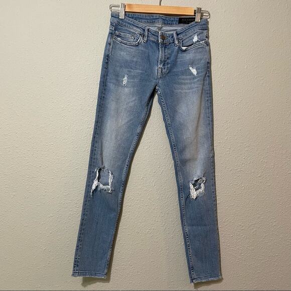 All Saints Distressed High Rise Skinny Jeans Raw Hem Womens 25 Blue Denim Zip - Picture 1 of 11